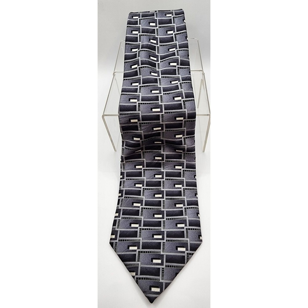 Keith Daniels Men's 100% Silk Tie Gray Black Geometric Abstract 4" Wide